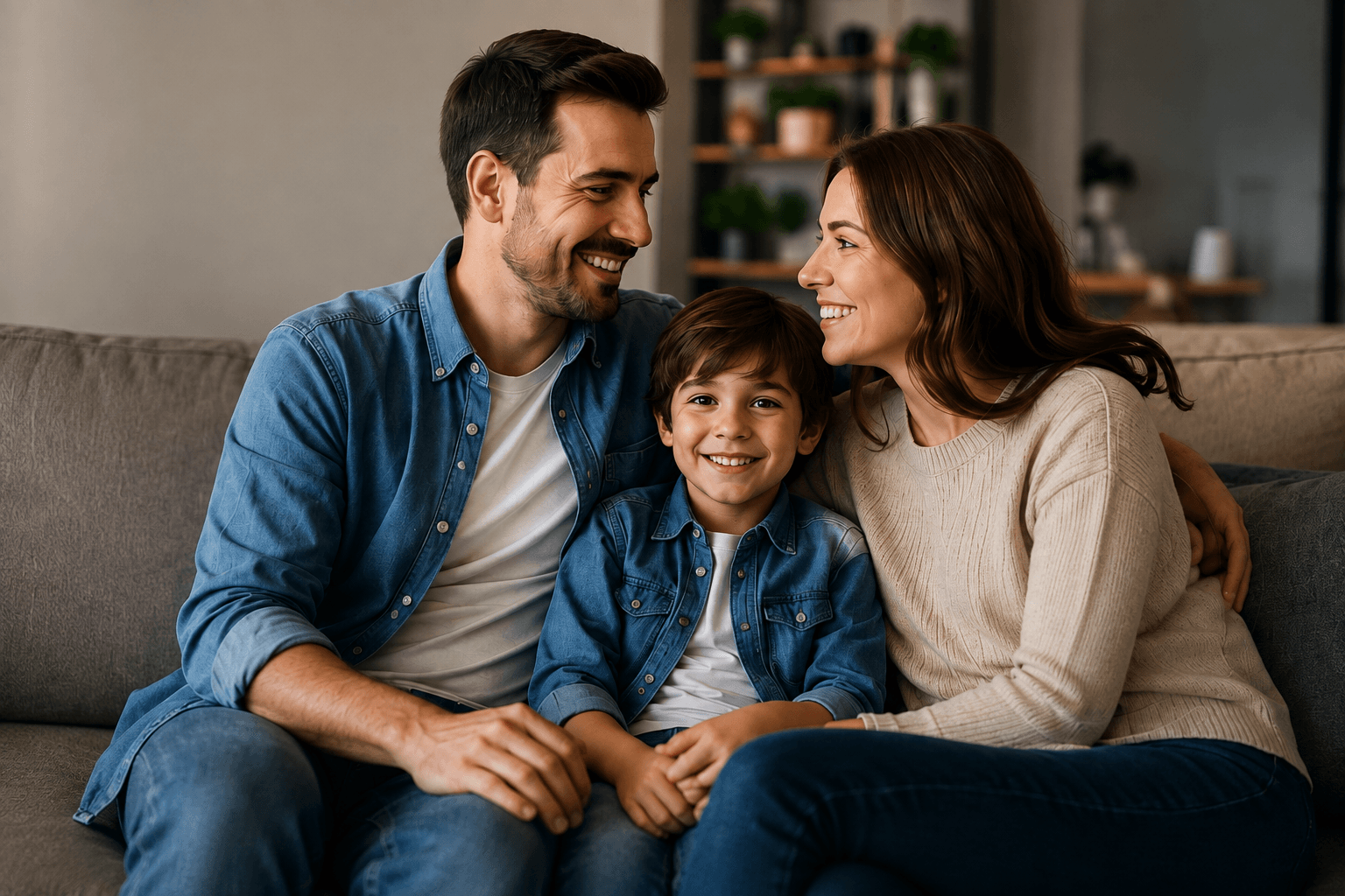 Família sorridente em um sofá, representando a proteção e o planejamento oferecidos pela Secprev.
