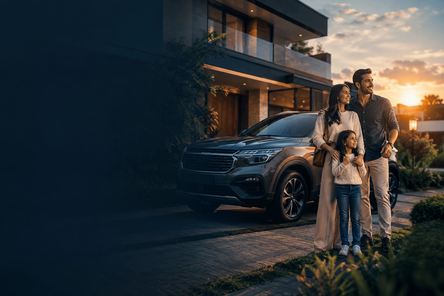 Família reunida ao lado do carro, em frente à casa, ao entardecer, representando as conquistas viabilizadas pelo consórcio da Secprev.