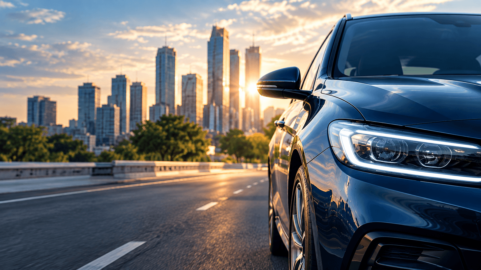 Carro em destaque em uma via urbana ao entardecer, representando a proteção completa do Seguro Auto da Secprev.